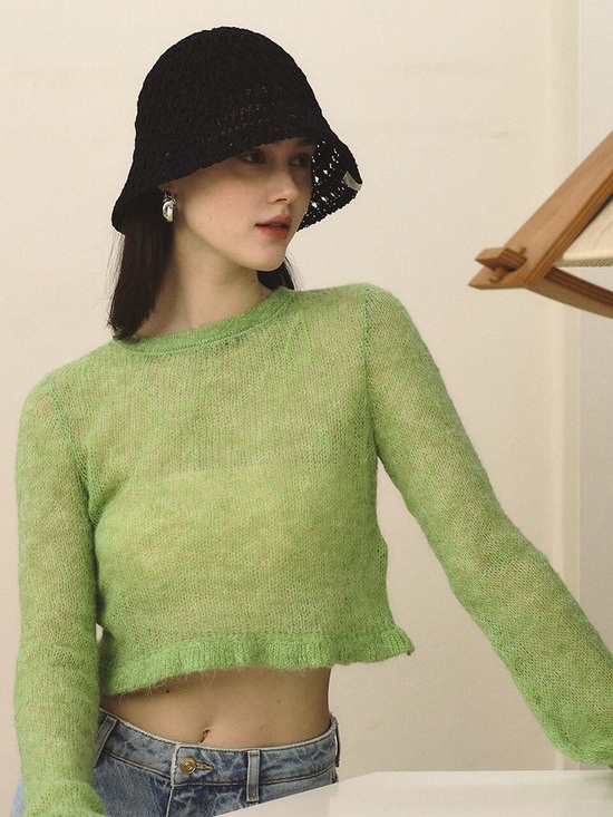 Zara Sweaters - Zara Blogger Favorite Green Fuzzy Cropped Sweater Ruffle Hem Size M